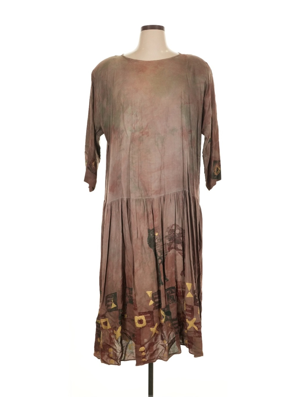Vintage Laise Adzer 80's Cat Art Print Brown Tie-Dye Maxi Dress Gold Accents O/S